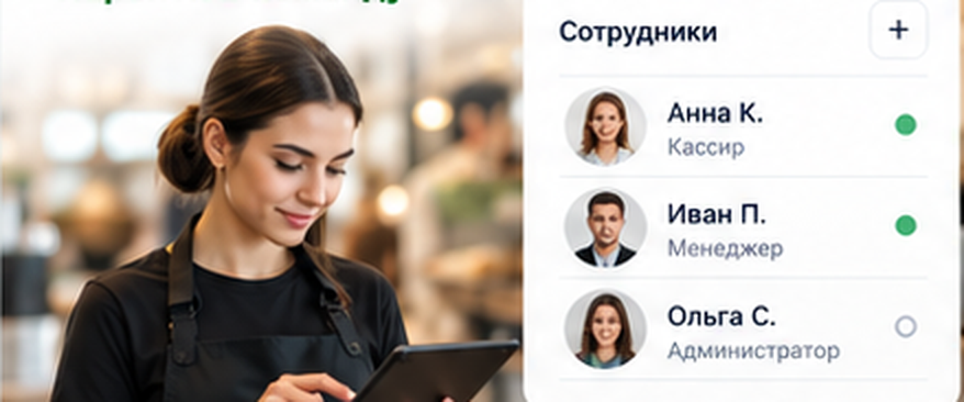 Сотрудница магазина работает с планшетом, пример списка сотрудников