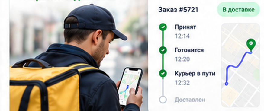 Курьер с телефоном рядом с заказами, пример статуса доставки
